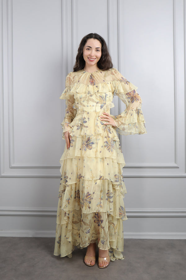 Oval Yaka Fırfırlı Desenli Büyük Beden Şifon Elbise Sarı