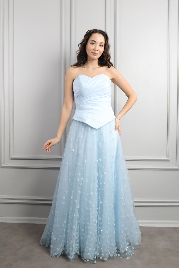 Straplez Drapeli Fular Detaylı Eteği Tüllü Abiye Bebe-Mavi