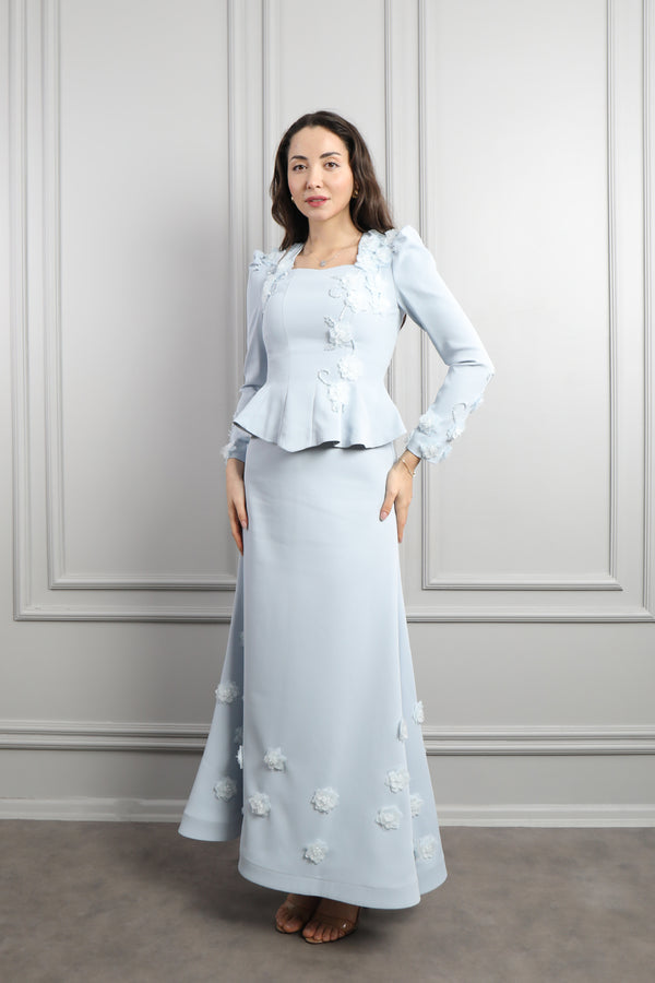 Kare Yaka Çiçek Detaylı Etek Takım Mavi