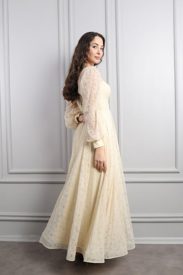 V Yaka Balon Kol Yırtmaçlı Büyük Beden Midi Boy Abiye Bej