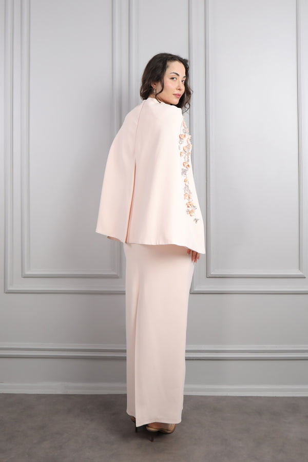 V Yaka Pelerini Taş Ve Çiçek Detaylı Büyük Beden Abiye Pembe