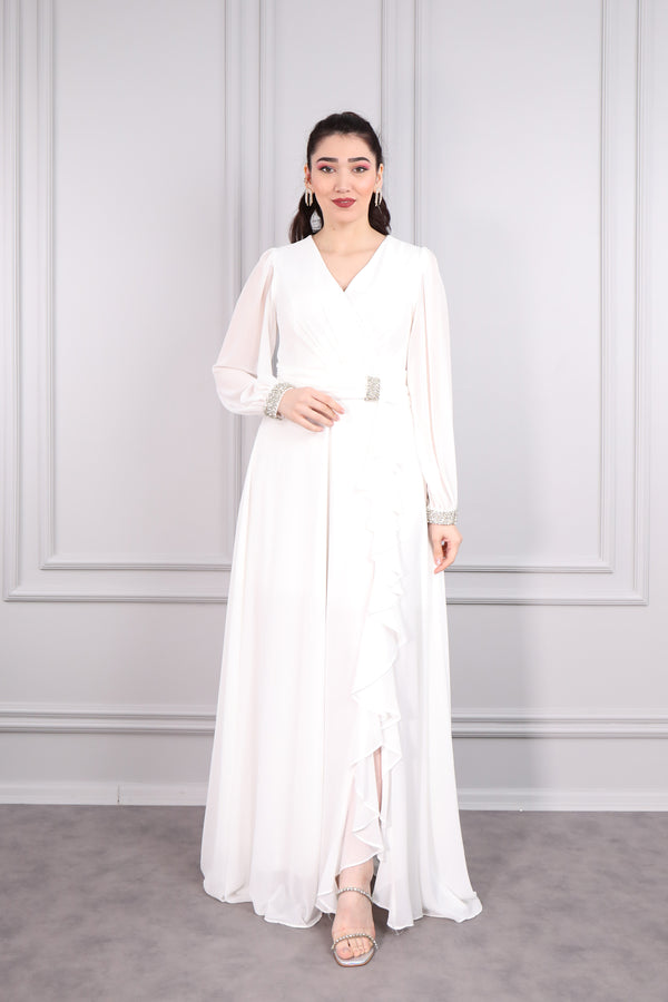 V Yaka Beli Taş Detaylı Şifon Büyük Beden Elbise Beyaz