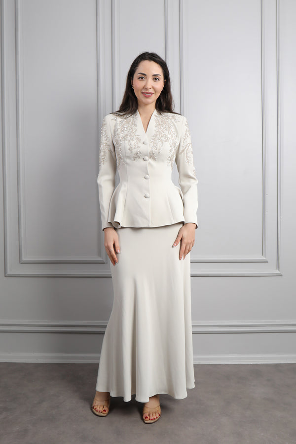 Ceketi Boncuk İşlemeli Saten Etek Takım Bej