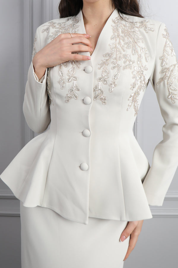 Ceketi Boncuk İşlemeli Saten Etek Takım Bej