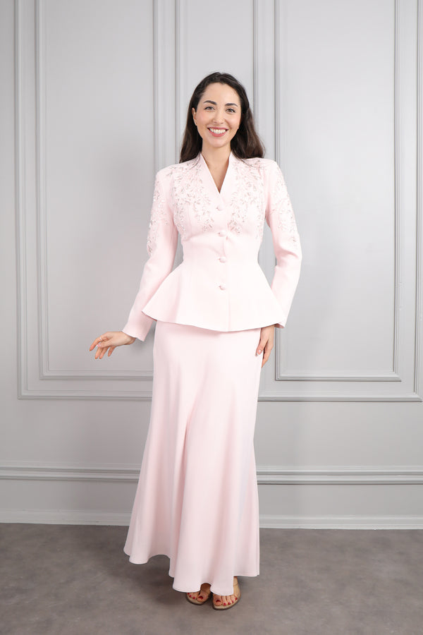 Ceketi Boncuk İşlemeli Saten Etek Takım Pudra