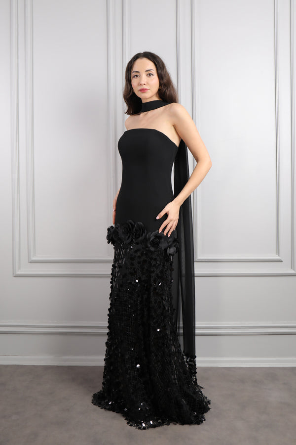 Straplez Fular Detaylı Eteği Payetli Abiye Siyah-Siyah