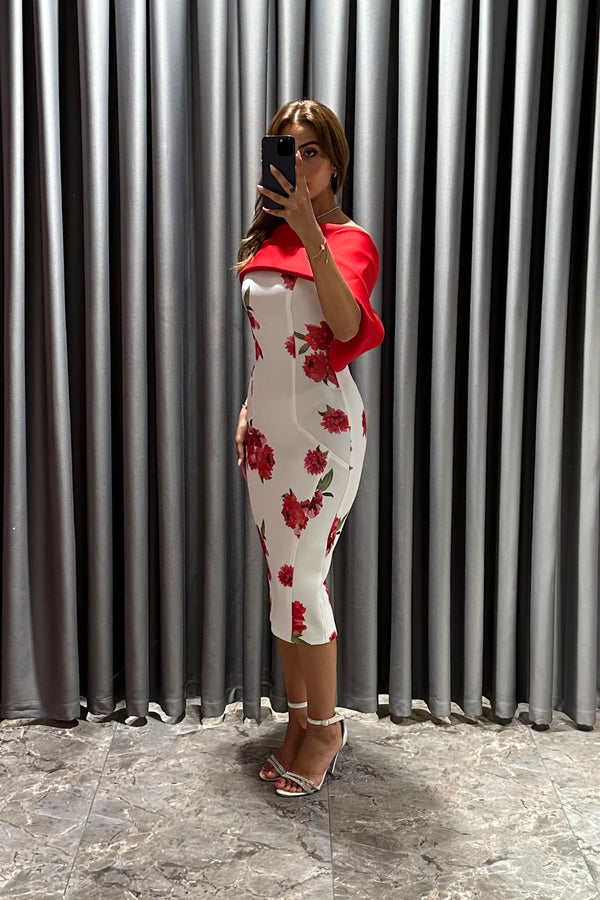 Kayık Yaka Çiçek Desenli Elbise Kırmızı-Beyaz