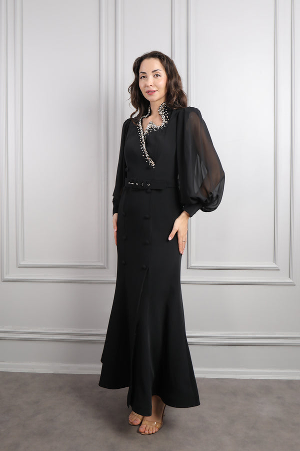 Asimetrik Yaka Beli Kemerli Taş Detaylı Elbise Siyah