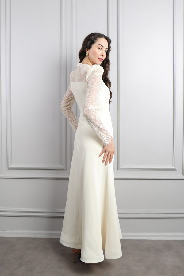 Yakası Ve Kolları Dantelli Elbise Ekru