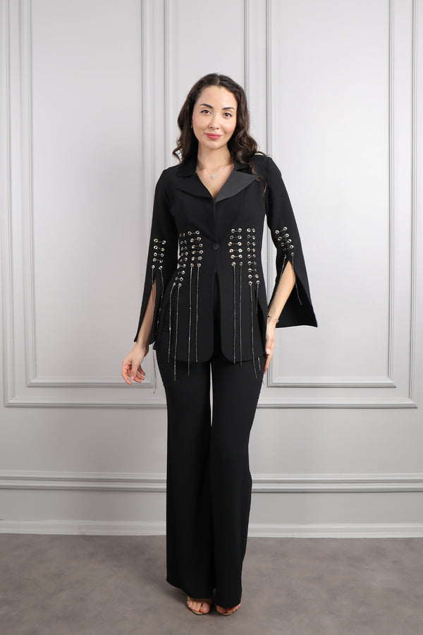 Ceketi Metal Bağlama Detaylı Pantolon Takım Siyah