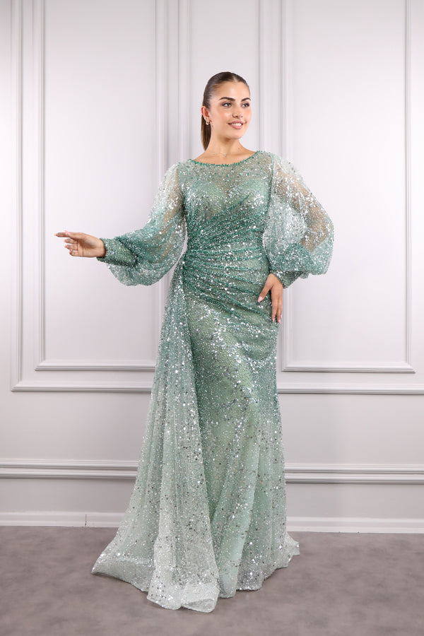 Geniş Yaka Payet Ve Boncuk İşlemeli Pelerin Detaylı Tasarım Abiye Yeşil