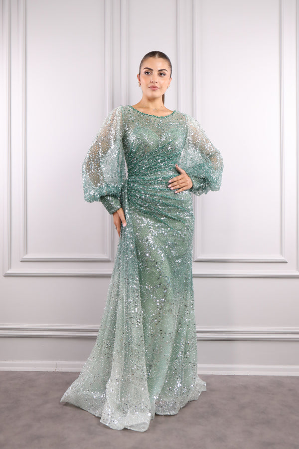 Geniş Yaka Payet Ve Boncuk İşlemeli Pelerin Detaylı Tasarım Abiye Yeşil