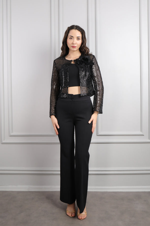 Ceketi File Görünümlü Çiçek Detaylı Üçlü Pantolon Takım Siyah