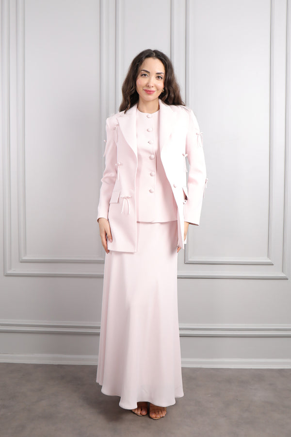 Ceketi Fiyonk Detaylı Üçlü Etek Takım Pudra