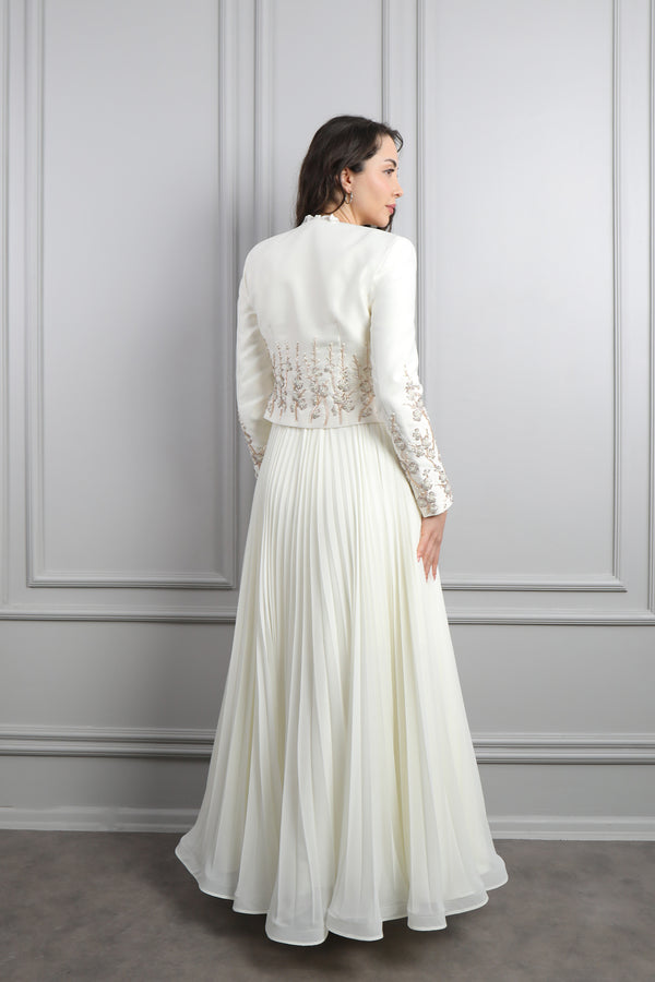 Ceketi Düğmeli Boncuk İşlemeli Pileli Elbise Takım Ekru