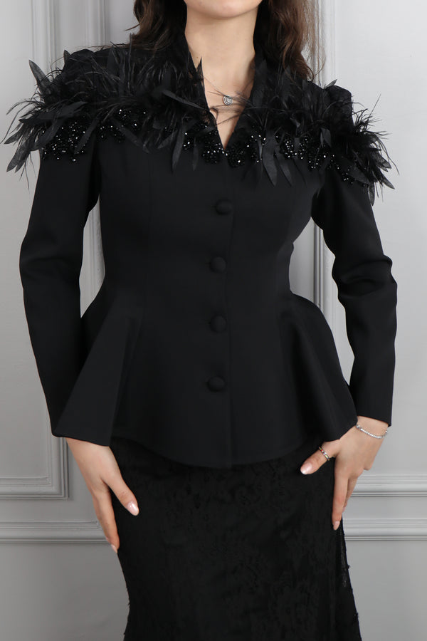 Omuzu Dantelli Tüy Detaylı Etek Takım Siyah