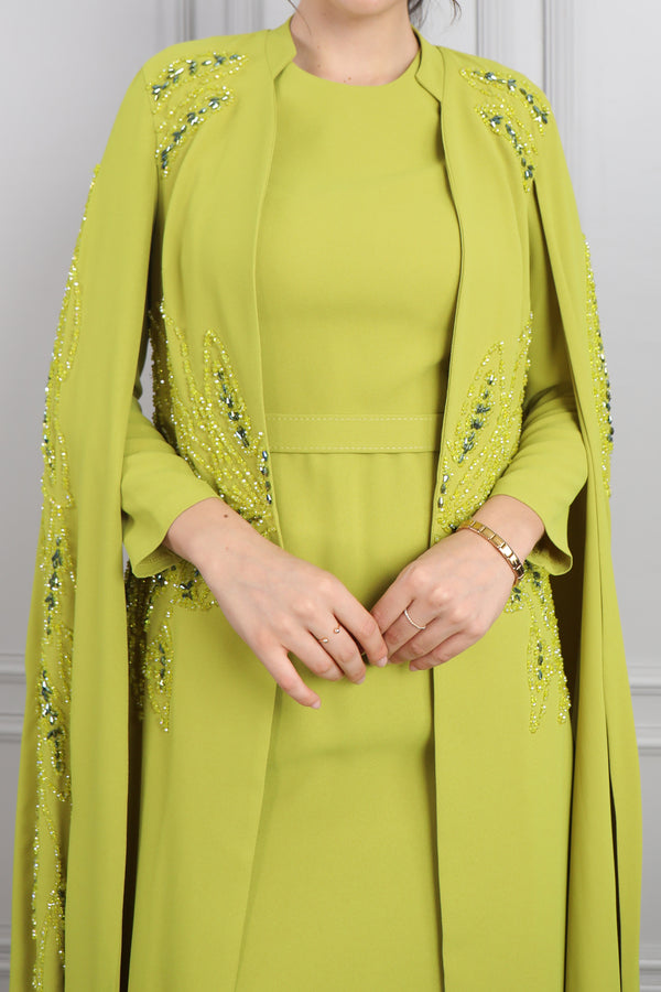 Boncuk İşlemeli Pelerin Detaylı İkili Abaya Takım F.Yeşil