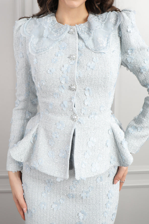 Bebe Yaka Çiçek Detaylı Tüvit Etek Takım Mavi