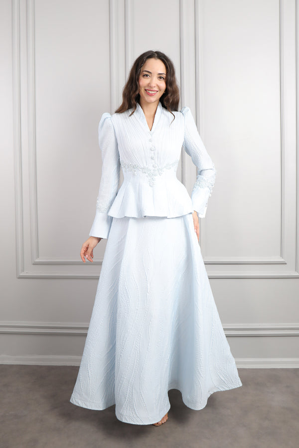 Önü Düğme Detaylı Boncuk İşlemeli Etek Takım Mavi