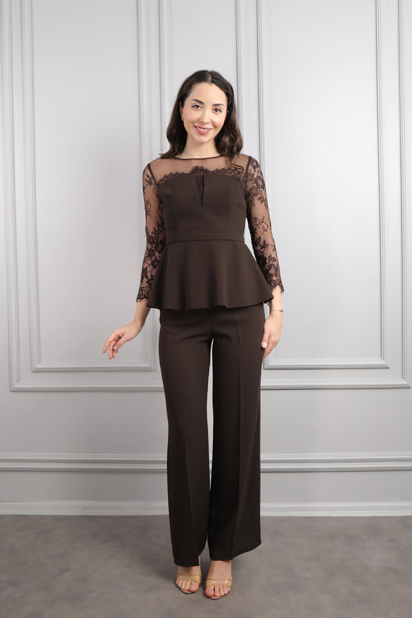 Beli Kemerli Trasparan Detaylı Pantolon Takım Kahve