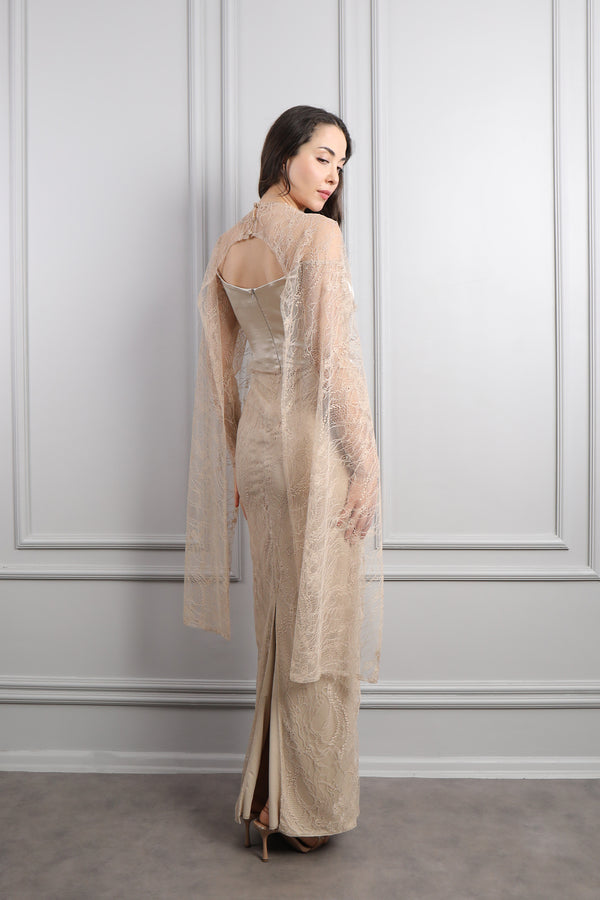 Straplez Pelerin Detaylı Dantelli Abiye Vizon