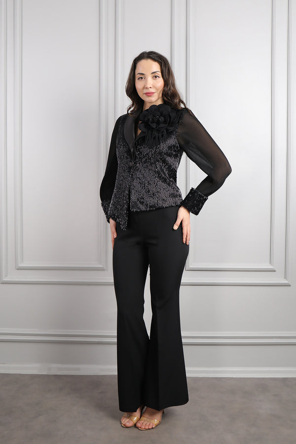 Ceketi Boncuk İşlemeli Çiçek Detaylı Asimetrik Kesim Pantolon Takım Siyah