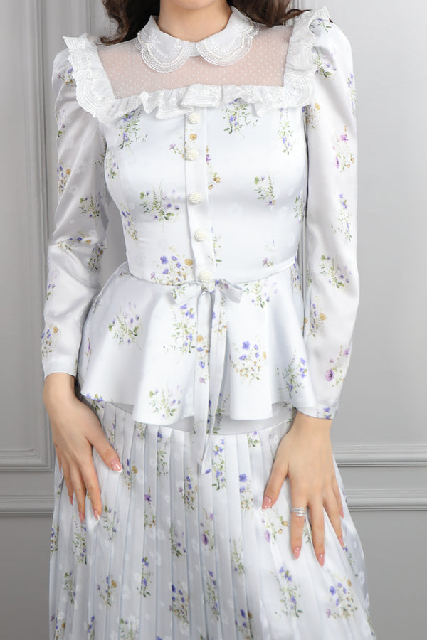 Yakası Transparan Beli Fiyonk Detaylı Desenli Saten Pileli Etek Takım Mavi