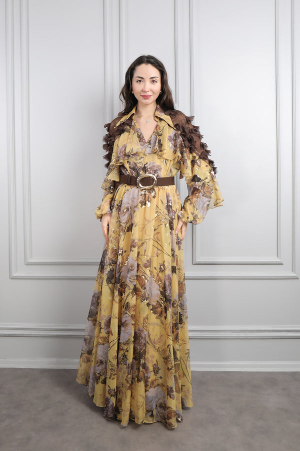 Omuzu Transparan Çiçek Detaylı Desenli Büyük Beden Şifon Elbise Sarı