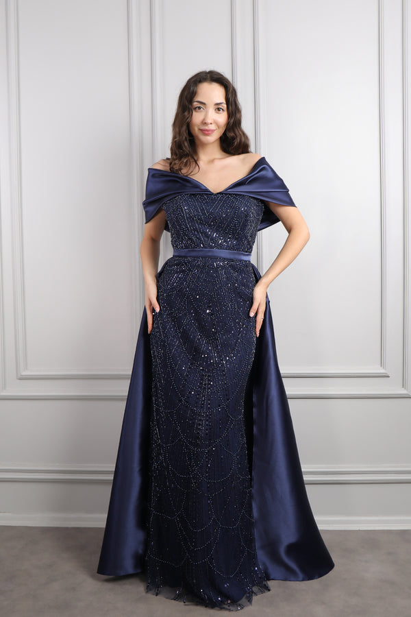 Kayık Yaka Boncuk İşlemeli Pelerin Detaylı Büyük Beden Abiye Lacivert