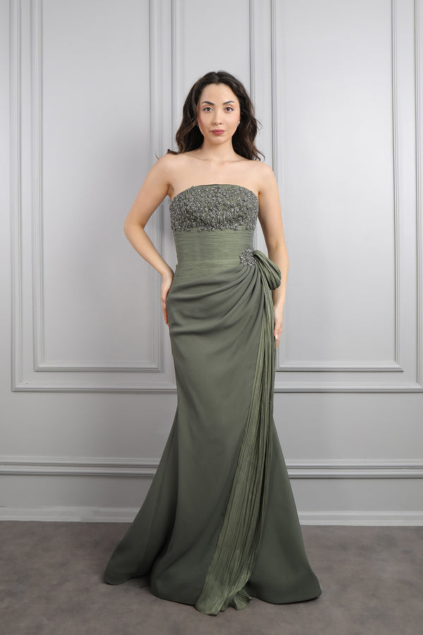 Straplez Boncuk İşlemeli Drapeli Büyük Beden Abiye Haki