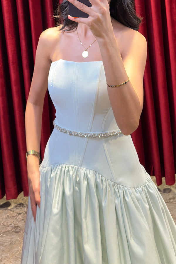 Straplez Kristal Taş İşlemeli Bolero Detaylı Kabarık Abiye Mint