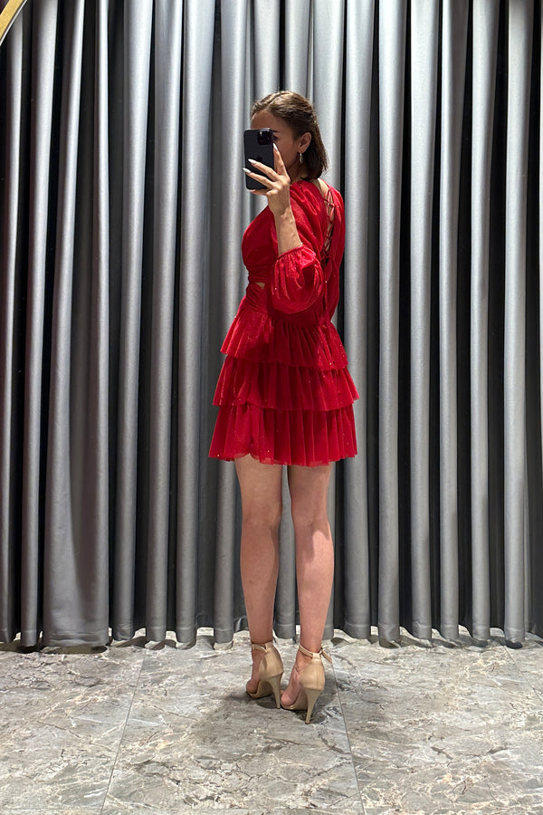 V Yaka Beli Dekolte Detaylı Eteği Katlı Kısa Elbise Kırmızı