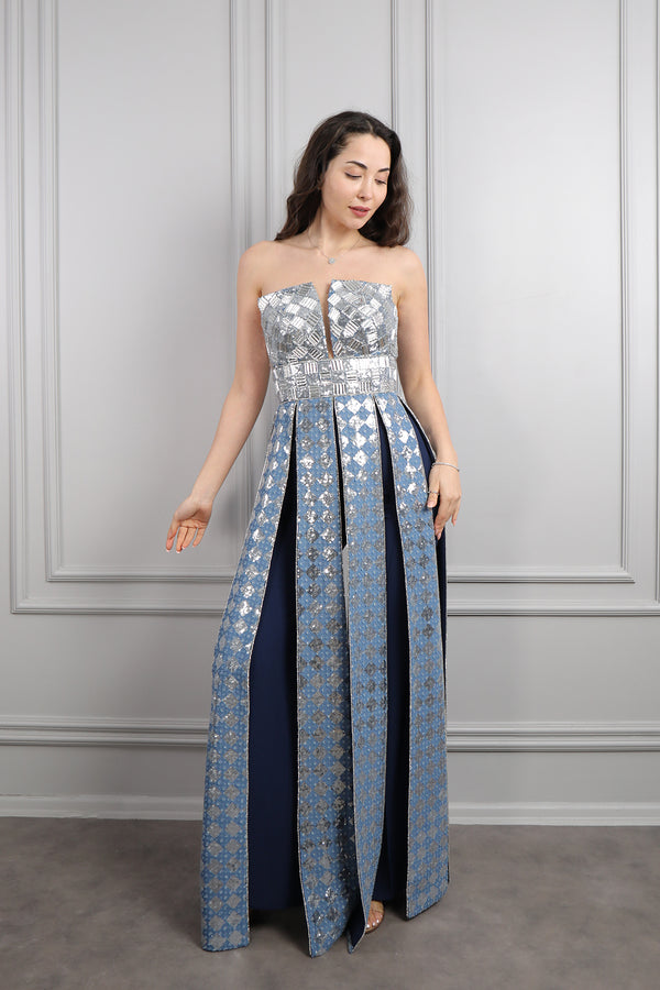 Straplez Payet İşlemeli Etek Kısmı Hareketli Pantolon Takım Lacivert