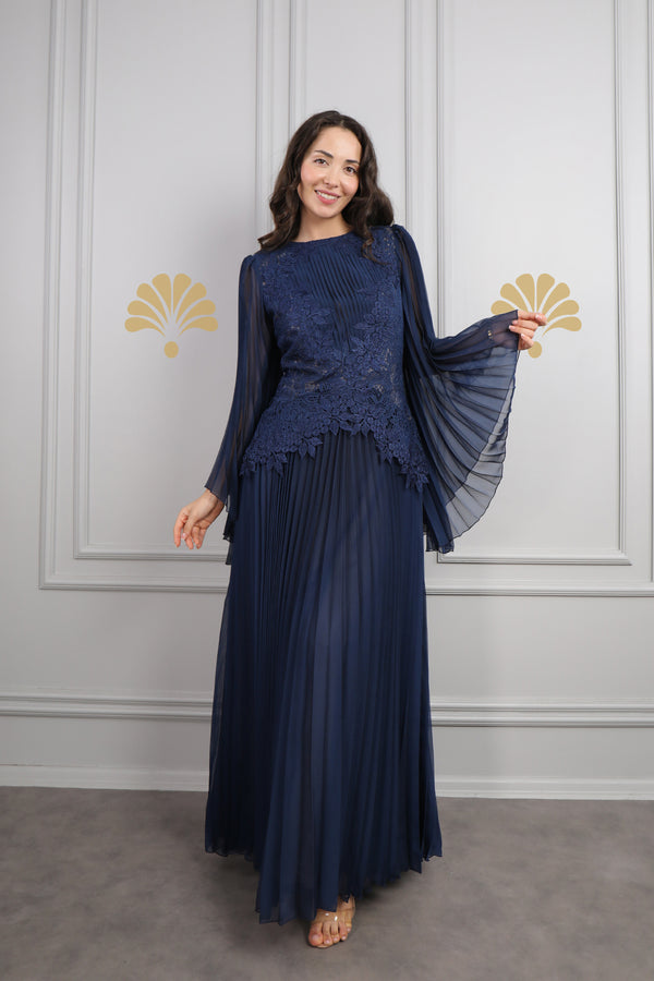 Yarasa Kol Göpür Detaylı Pileli Büyük Beden Şifon Elbise Lacivert