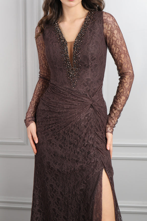 Yakası Boncuk İşlemeli Beli Drapeli Dantelli Abiye Kahverengi