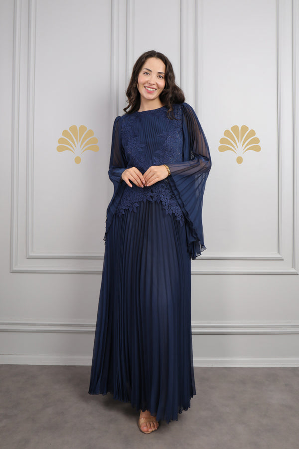 Yarasa Kol Göpür Detaylı Pileli Büyük Beden Şifon Elbise Lacivert