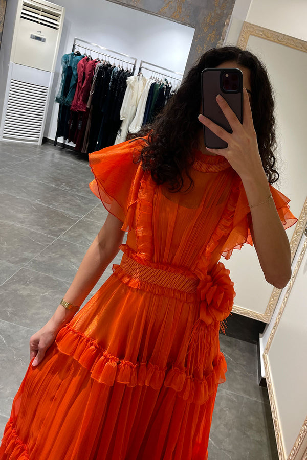Omuzu Fırfırlı Beli Çiçek Detaylı Abiye Oranje