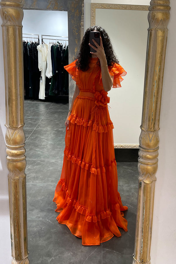 Omuzu Fırfırlı Beli Çiçek Detaylı Abiye Oranje