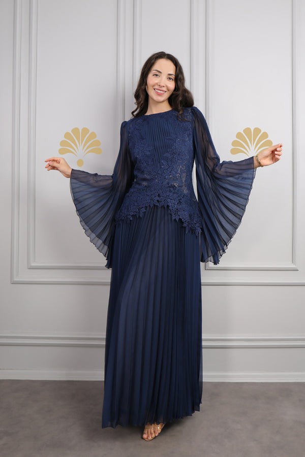 Yarasa Kol Göpür Detaylı Pileli Büyük Beden Şifon Elbise Lacivert