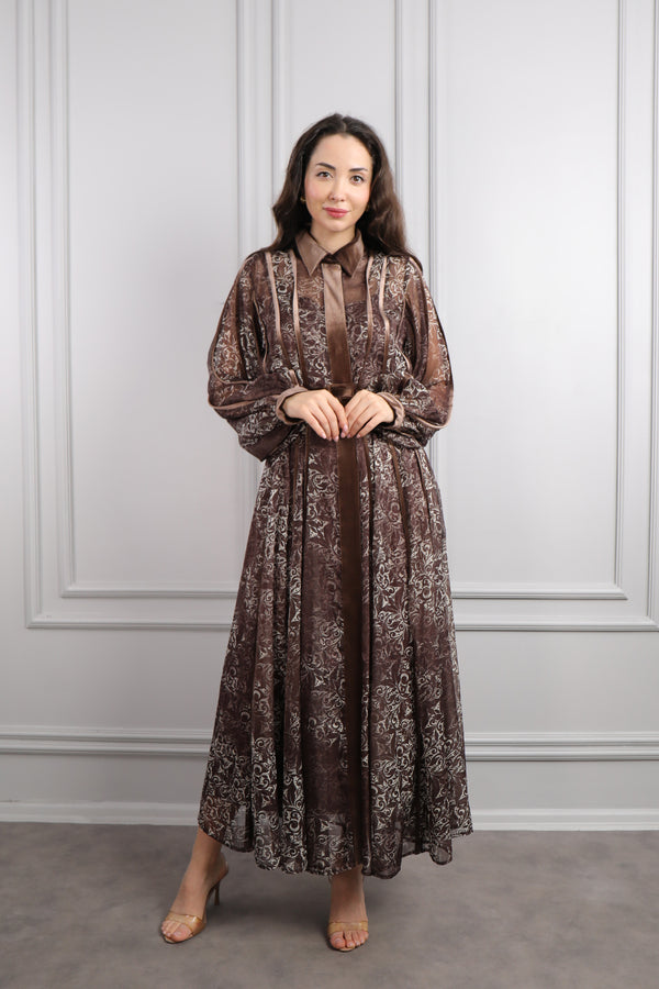Gömlek Yaka Beli Kemerli Kadife Detaylı Desenli Midi Boy Şifon Elbise Kahverengi
