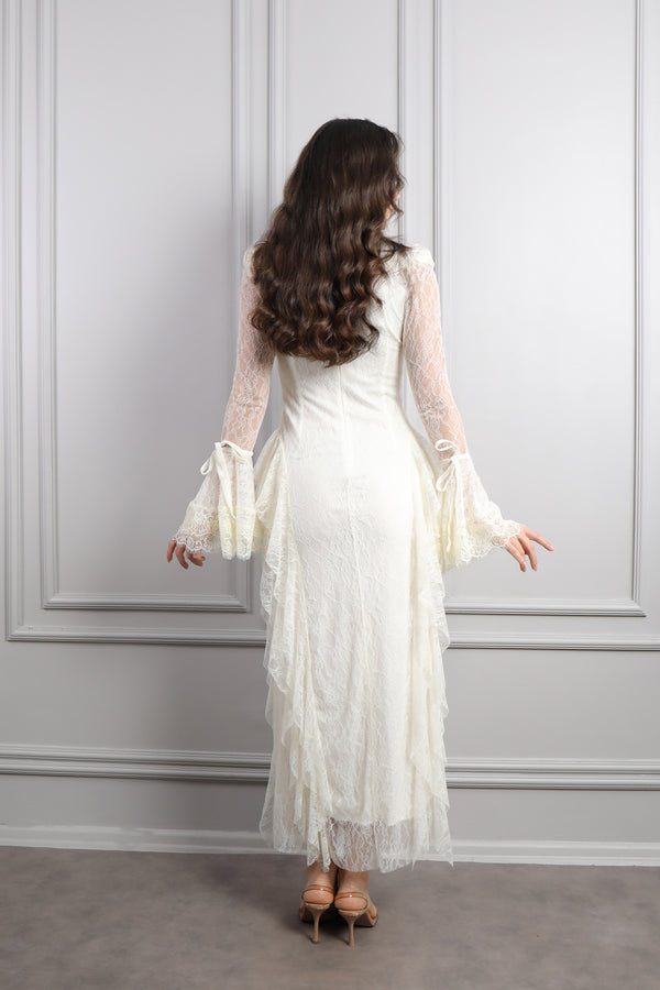 Hakim Yaka Transparan Kol Fırfır Detaylı Dantelli Elbise Kemik