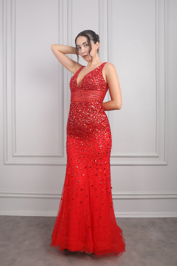 Askılı İşlemeli Tasarım Abiye Kırmızı Kalın