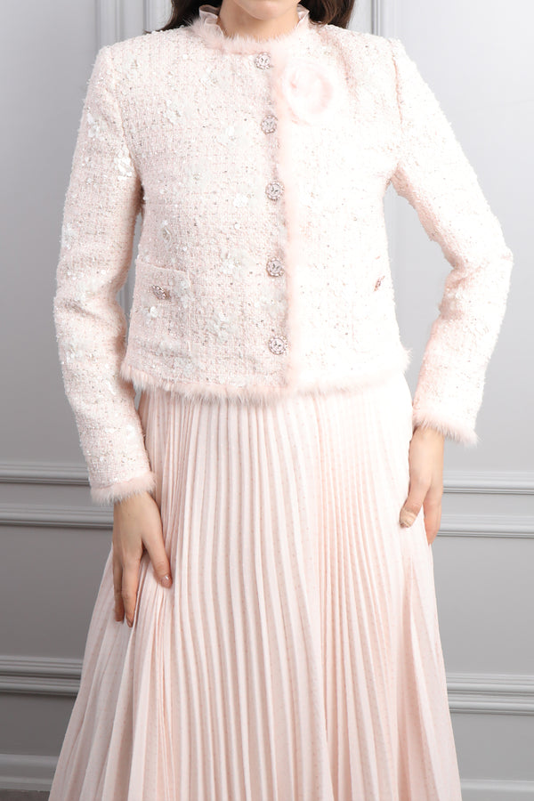 Ceketi Düğme Detaylı Tüvit Elbise Takım Pudra