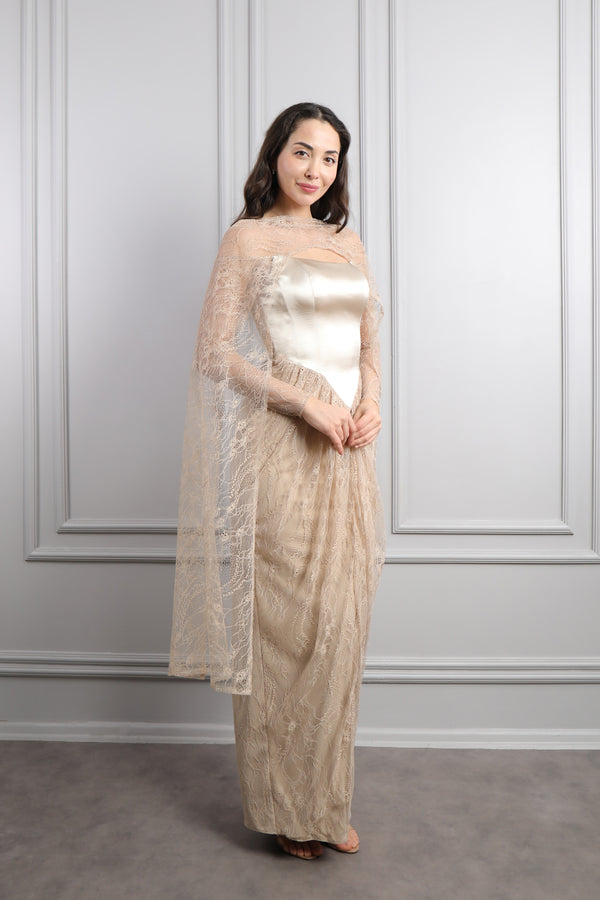 Straplez Pelerin Detaylı Dantelli Abiye Vizon