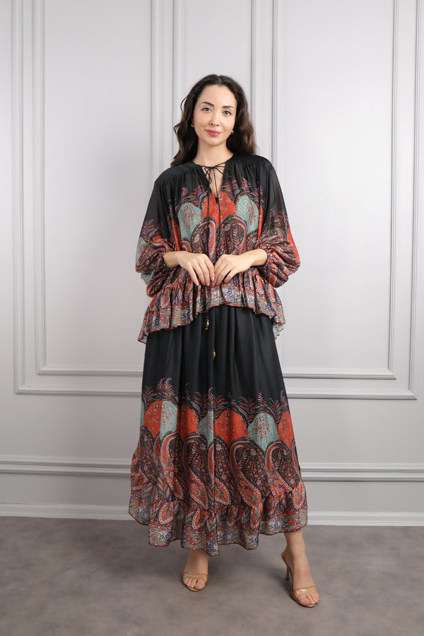 Yakası Bağlamalı Desenli Şifon Etek Takım Turuncu