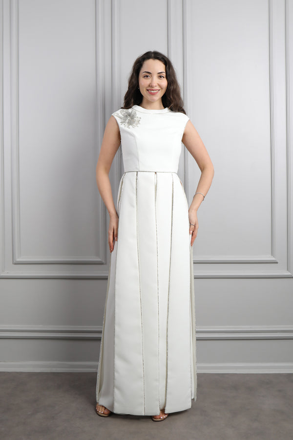 Hakim Yaka Çiçek Detaylı Etek Kısmı Hareketli Pantolon Takım Ekru