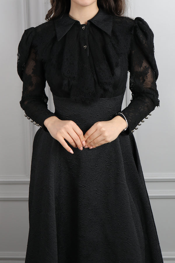 Gömlek Yaka Fırfır Detaylı Dantelli Elbise Siyah