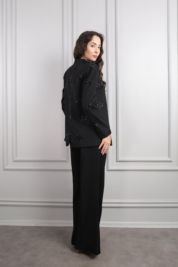 Boncuk İşlemeli Üçlü Pantolon Takım Siyah