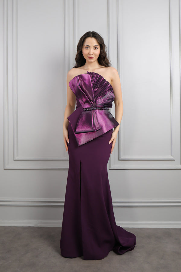 Straplez Önü Fiyonk Görünümlü Beli Boncuk İşlemeli Büyük Beden Abiye Mürdüm