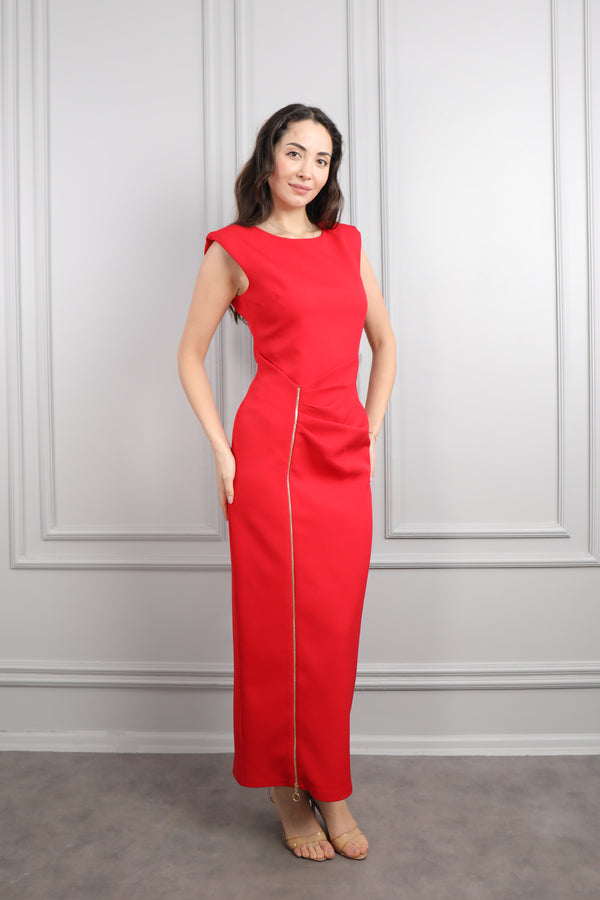 Omuzu Vatkalı Yırtmacı Fermuar Detaylı Elbise Kırmızı